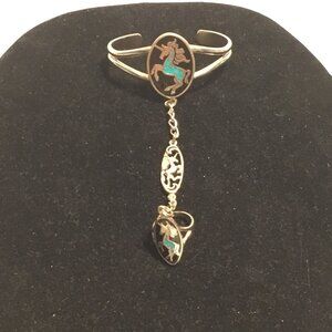 Vintage unicorn slave bracelet w/ ring and inlaid turquoise